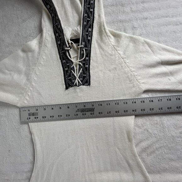 Womens Alpaca Hooded Sweater White Inca Pattern Knit Lace-Up Tassel Pullover - Picture 5 of 6